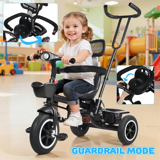 Toddler Tricycle Children Trike Kids with Adjustable Push Handle Removable Canopy Safety Harness Child Music Headlight Storage Basket,