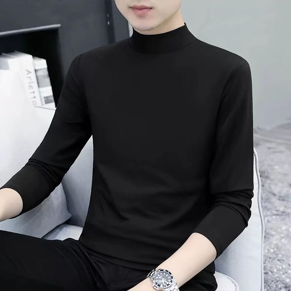 

Чоловіча футболка з високим коміром та довгим рукавом, Slim Fit, суцільний колір, висока еластична довжина, пуловери, базовий стиль, чоловічі топи S чорний
