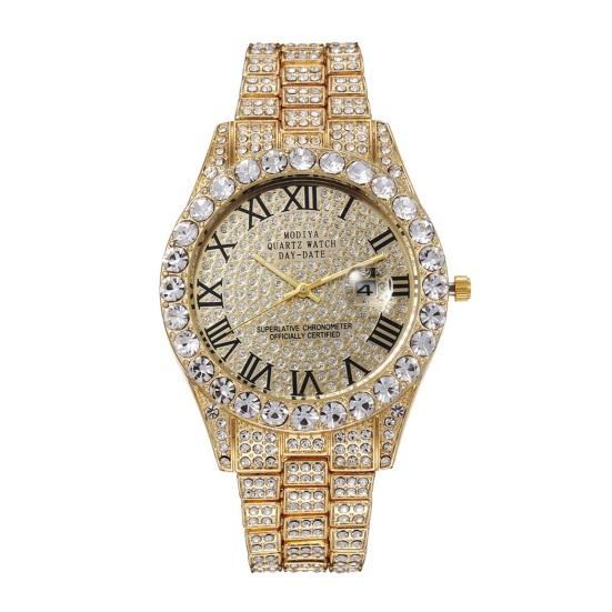 Ladies Quartz Watch Round Dial Alloy Rhinestone Decor Roman Umber Calendar No Delay Time-checking High Accuracy Business Commute Wristwatch
