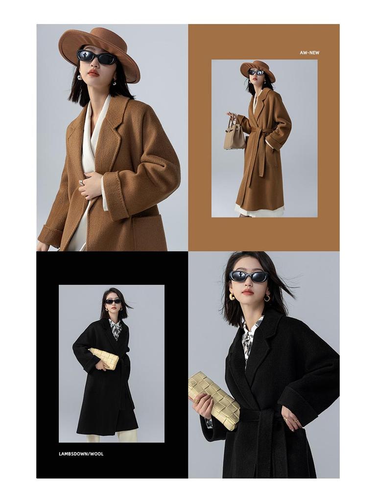 Petite Women's Mid-Length Camel Wool Coat - Loose Double-Faced Cashmere with Tie-Waist for Autumn and Winter.