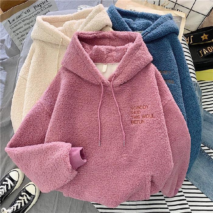 2026 Autumn/Winter Women's Velvet Lambswool Hoodie - Korean Style Student Loose Fit Jacket