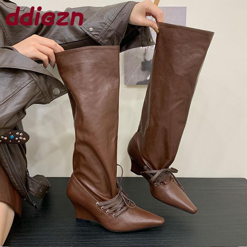 Fashion Shoes With Wedges Women Knee High Boots Female Slip On Shoes Fashion Pointed Toe Party Ladies Long Modern Boots Pumps