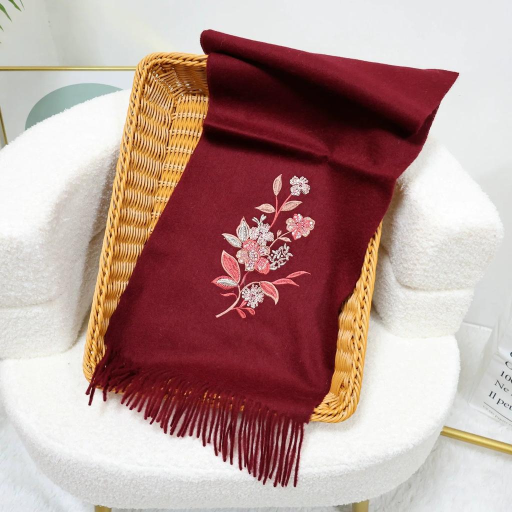 New Year's Embroidered Wool Scarf for Autumn and Winter Thickened Warm Scarf With Tassel