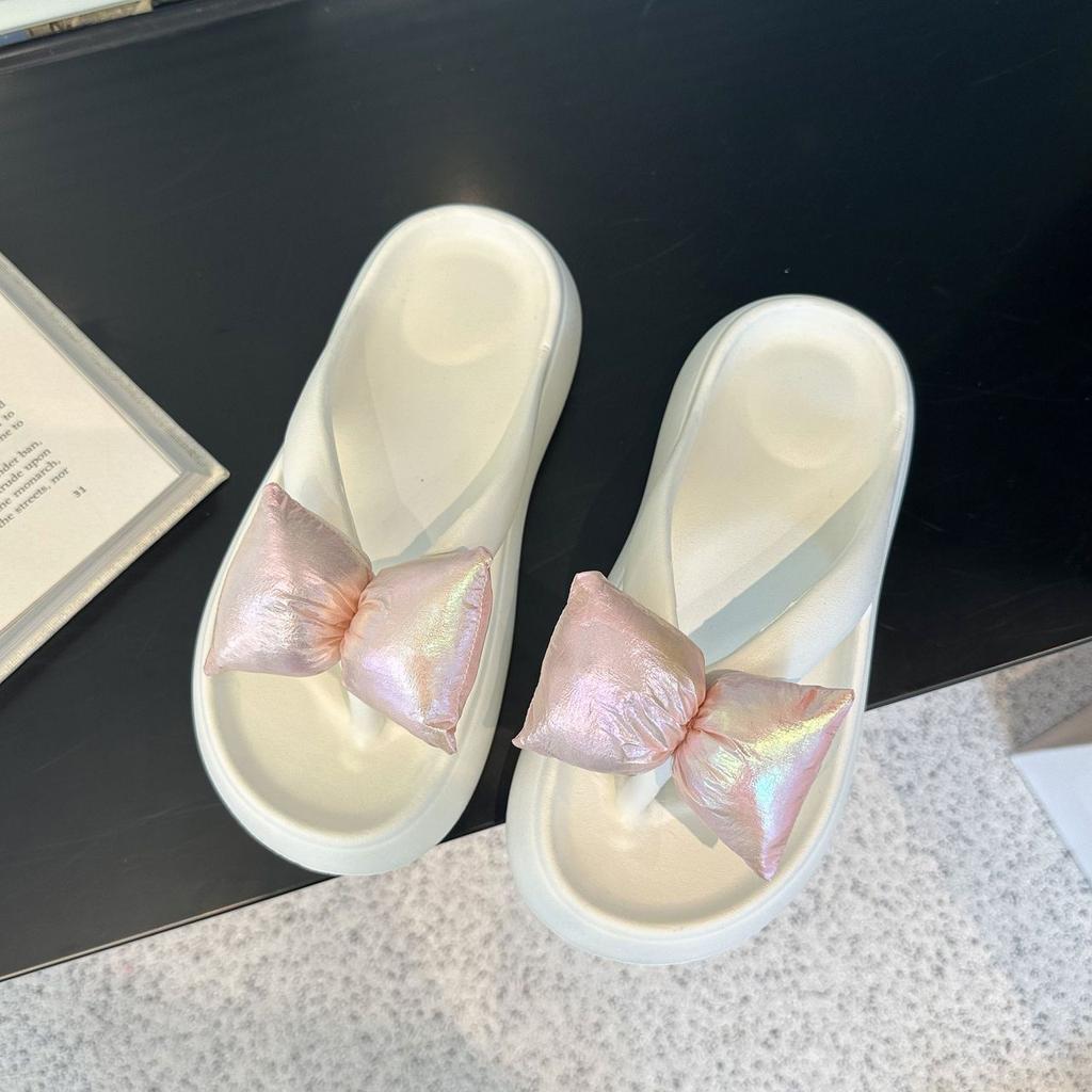 Outer Wear Pinch Foot Flat Bottom Beach Non-slip Cool Slippers Fashion Internet Celebrity Bow Flip-flops Women 2025 Summer and Autumn New