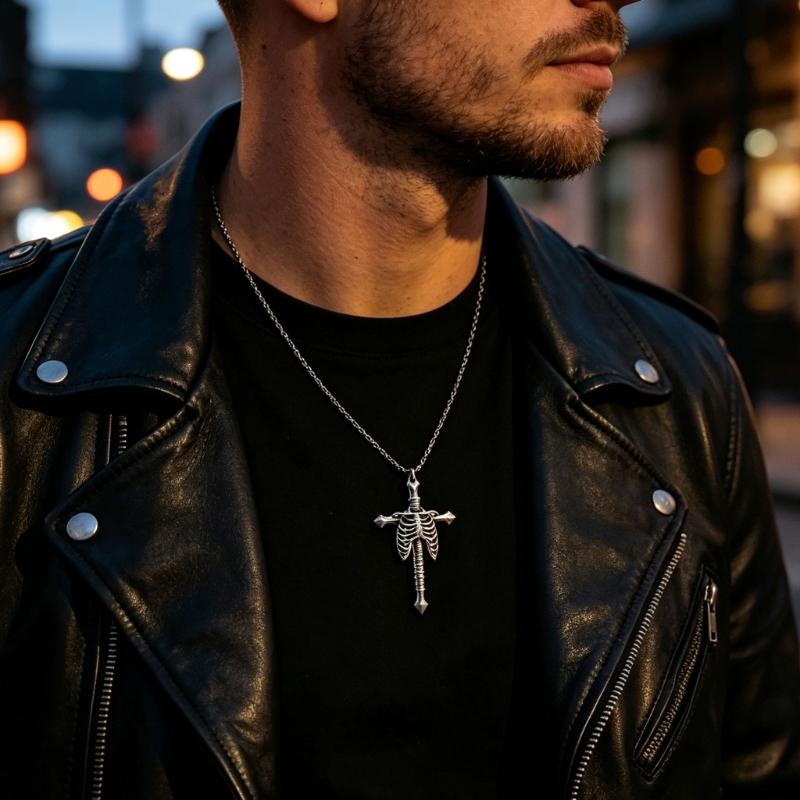 Rib Cage Cruciform Pendant Necklace for Gothic Style Enthusiasts, Silver Tone Alloy Statement Jewelry with Link Chain for Daily and Party Outfits
