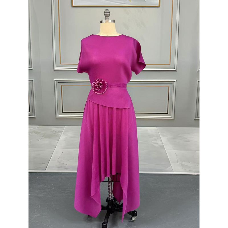 

Sanzhai Pleated Short Sleeves Tops T-shirt Asymmetrical Hem Pleated Long Skirt Plus Size Fat and Thin Wear Suit Suit Magenta All yards