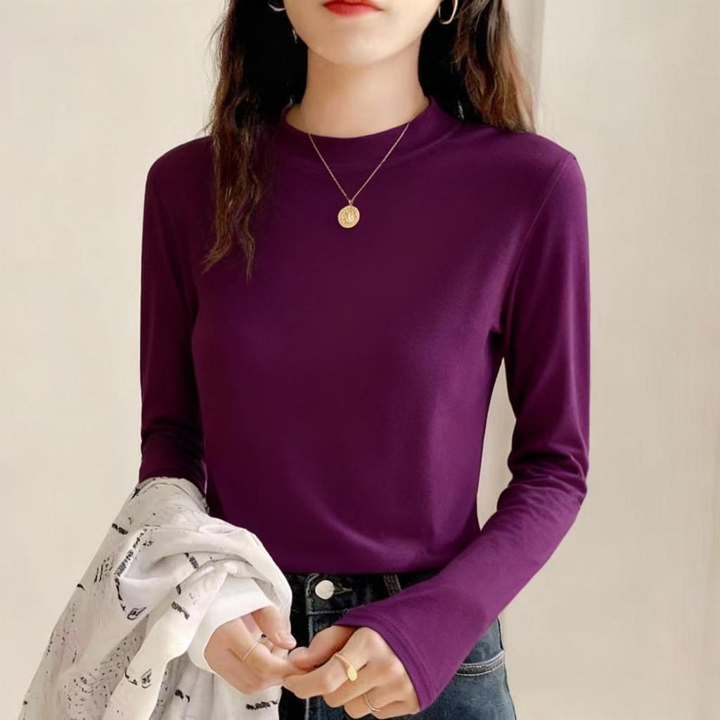 Cămașă de bază pentru femei din fleece periat cu guler înalt - Culoare uni, Mânecă lungă, Cu pluș, Top casual pentru toamnă/iarnă