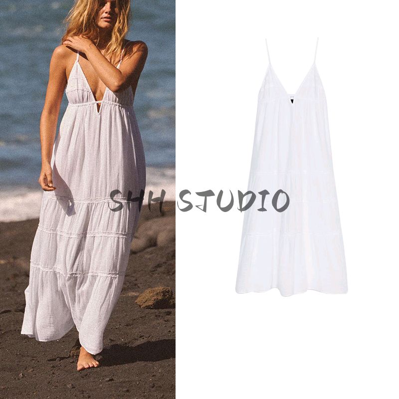Spring New Women's Clothing Pure Desire Style V Neck Sleeveless Embroider Cotton Sling Mid-Length Dress 0881343