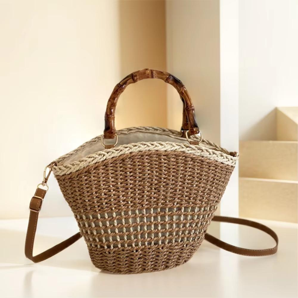 Large Capacity Weave Straw Bag Casual Woman Handbag Ins Bucket Shoulder Bag  Holiday