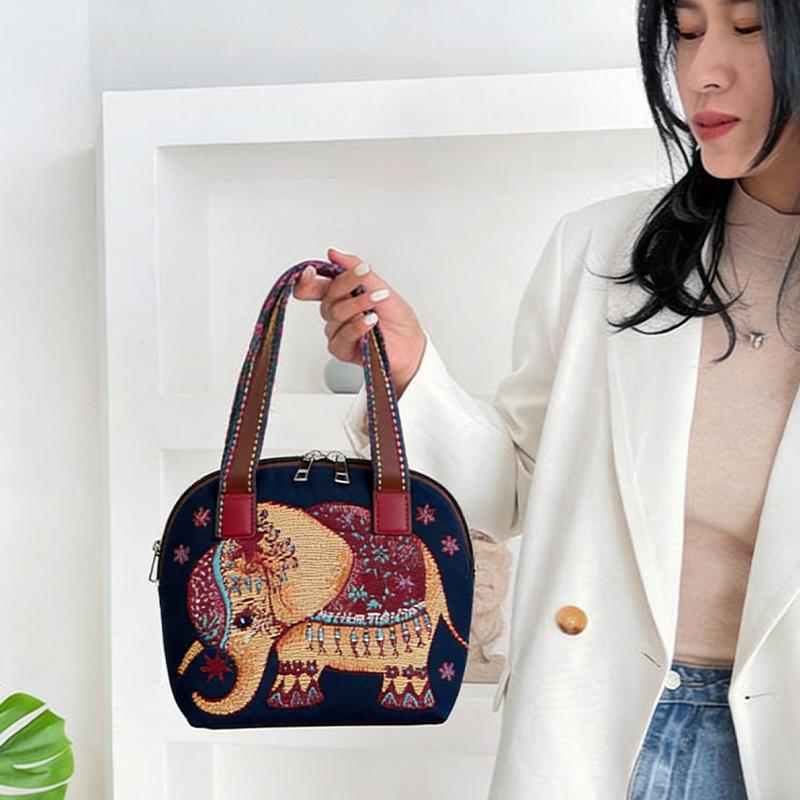Ethnic Style Handbag Trendy Animal Embroidery Handbag Canvas Women Shoulder Bags Women Grocery Storage Pouch