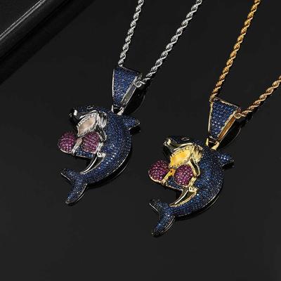 1pc Crystal Shark Boxing Cartoon Pendant Necklace With Rhinestone Decoration For Men, Hip Hop Personalized Jewelry