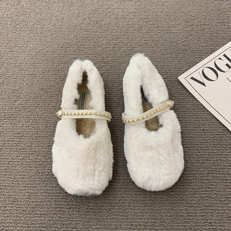 модные элегантные серые меховые мокасины женские роскошные меховые туфли на плоской подошве женские зимние теплые плюшевые туфли кружевные кожаные ремешки-цепочки 35 бежевый 3244₽