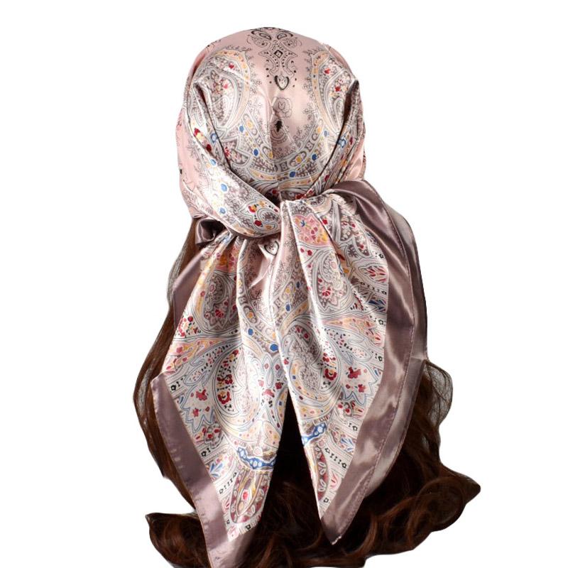 High Quality Silk Feeling Scarf Square Floral Printed Shawl Wrap Spring Summer Neckerchief Hair Band Lady Decor Foulard 90X90Cm