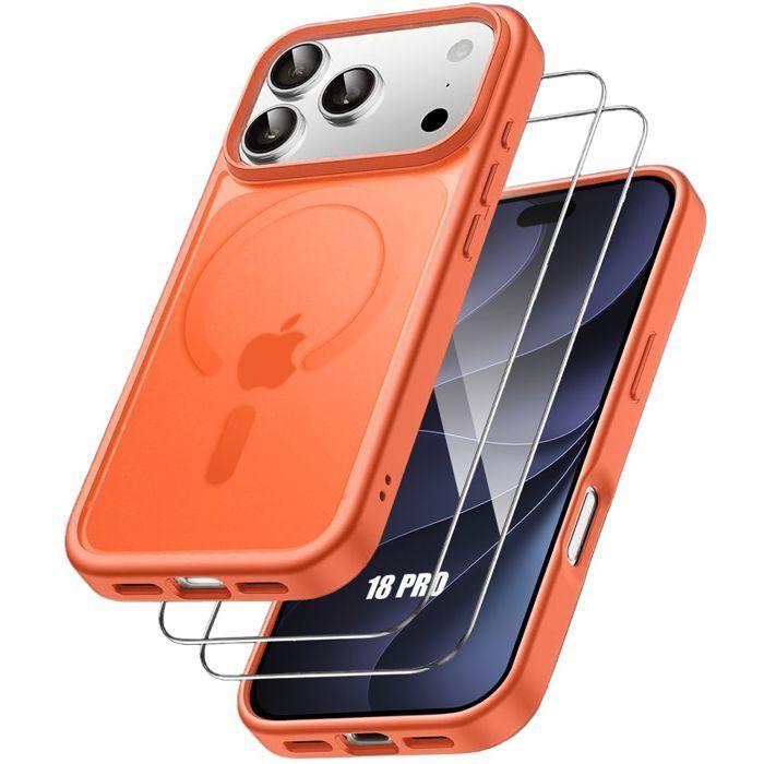 Coque + 2 Verres Trempés pour iPhone 18 Pro, avec Anneau Magnétique Antichoc - Translucide Orange
