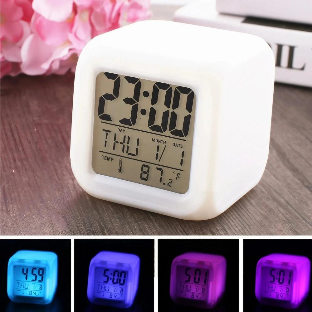 7 Color Mini Desk Cube Always Digital Alarm Clock Colorful Light Multiple Mode Luminous Desk Clock Bedroom Office Home Decor