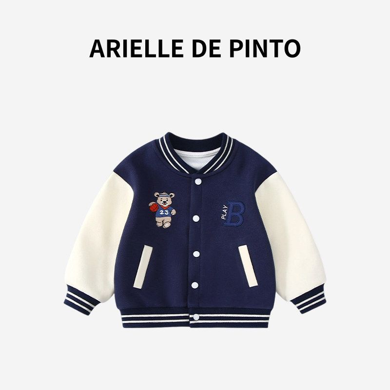 French Arielle De Pinto Early Autumn Outfit for Boys and Girls, Sports Baseball Jacket, Cartoon Bear Top Blue bear 100cm