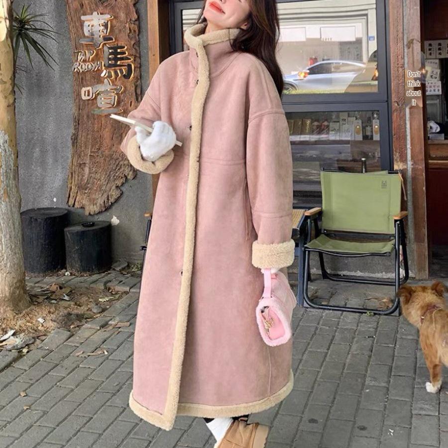 Women's Pink Elegant Long Lambswool Coat - 2025 Korean Style Autumn/Winter Slimming Jacket