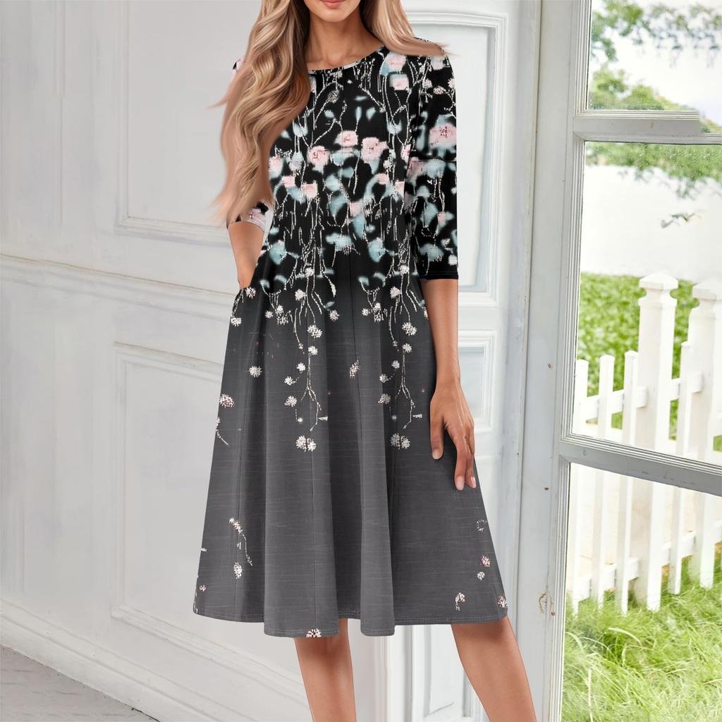 Women's Casual Fashion Round Neck Three Quarter Sleeve Print Midi Dress