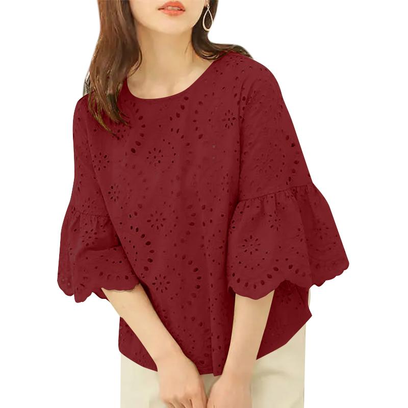 

ZANZEA Женская повседневная блузка с круглым вырезом, рукавами 3/4, свободная, кружевная, вязаная крючком 3XL