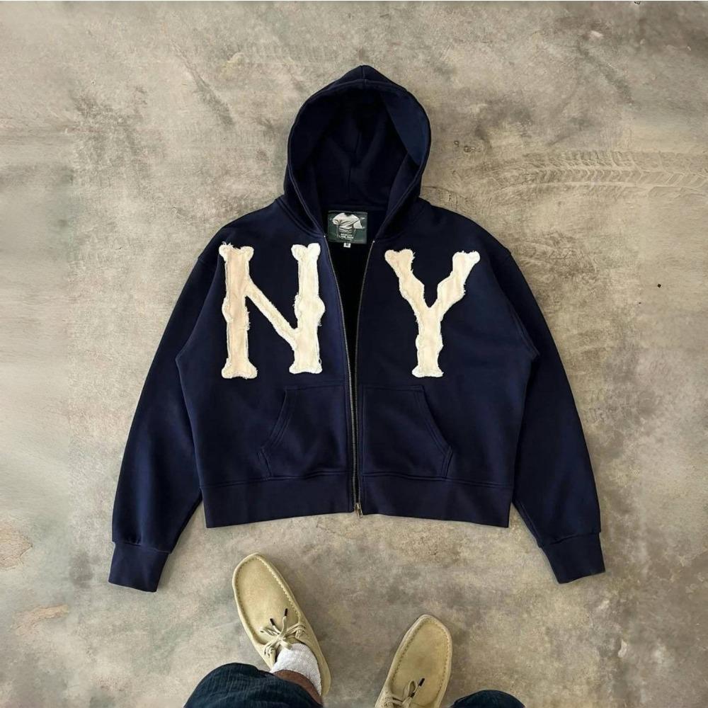 ZYLLO Y2k Harajuku Retro Trendy Brand Ricamo Lettere Felpa Oversize Donna Moda Streetwear Felpa con Cappuccio Larga con Zip