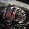 Vintage Handmade Turkish Signet Ring for Men Women Ancient Silver Color Carved Ring Red Yellow Zircon Inlay Punk Motor Biker