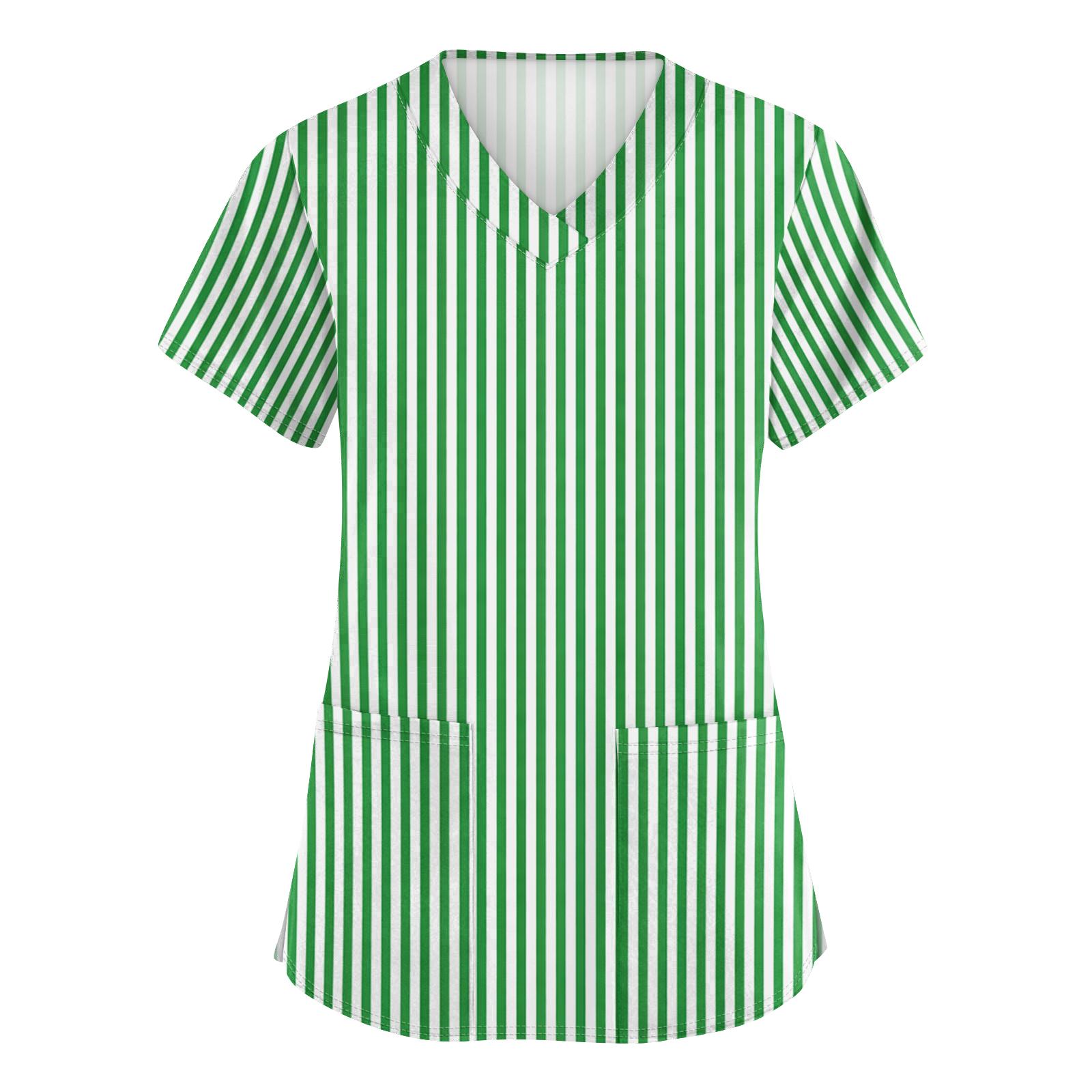 

Women Short Sleeve V Neck Vertical Stripe Print Top with Two Front Pockets Relaxed Fit Pullover Blouse for Work Daily Wear L зелёный