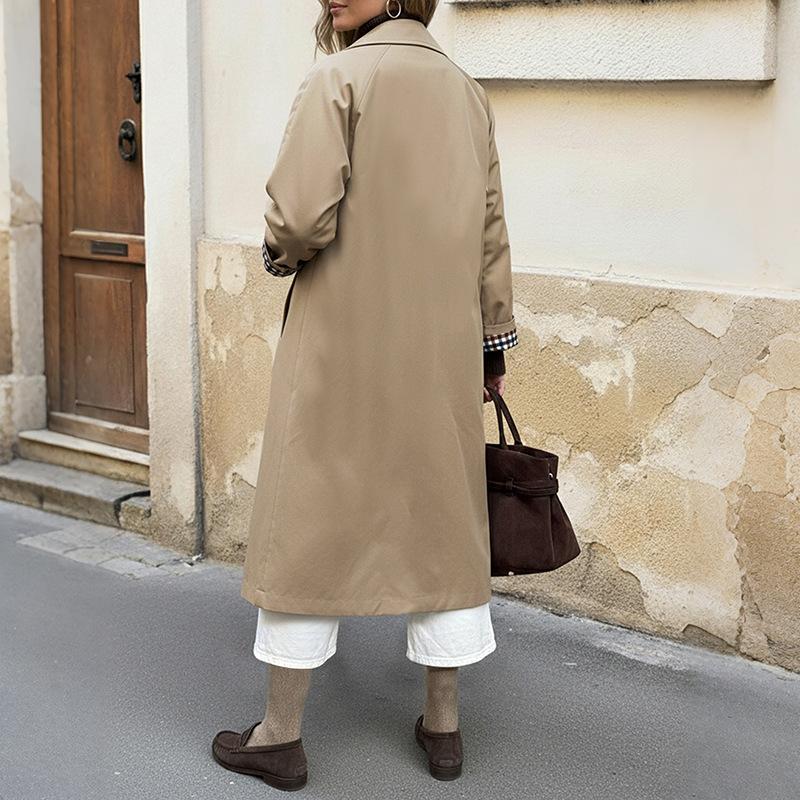 Long Trench Coat for Women Winter Single Breasted Plaid Patchwork Overcoat Casual Windproof Lapel Jacket with Pocket