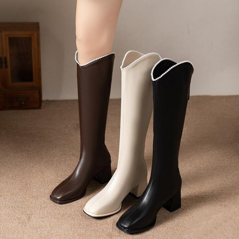 Fashion Women's Fashion Block Heel Tall Boots Winter New Square Toe Rear Zipper Anti-Slip Wear-Resistant Boots