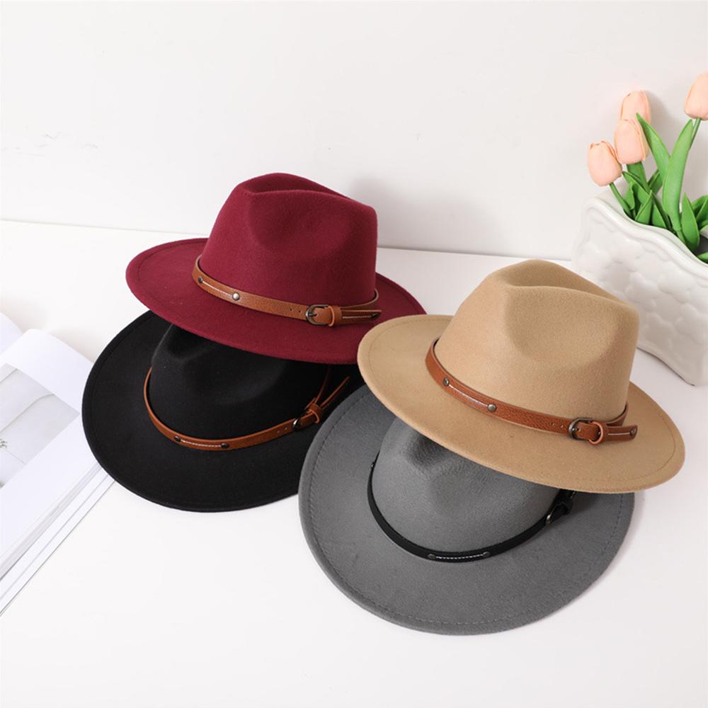 2026 British Flat Brim Felt Hat Outdoor Casual Jazz Hat Wool Fedora Hat Rivet Belt Buckle Cowboy Hat Solid Color Church Top Hat