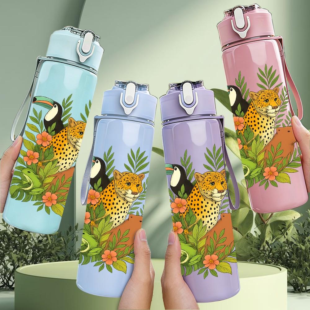 1PC Tropical Leopard Pattern 750ml Color Plastic Sports Water Bottle Leakproof Flip Straw Lid Suitable for Sports Office Home Use
