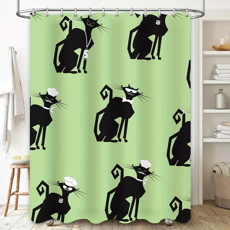 Black Cat Shower Curtain Waterproof Fabric, Non-slip Rubber Eyelet Ring, Green Background Decorative Bathroom Accessories Set Fo