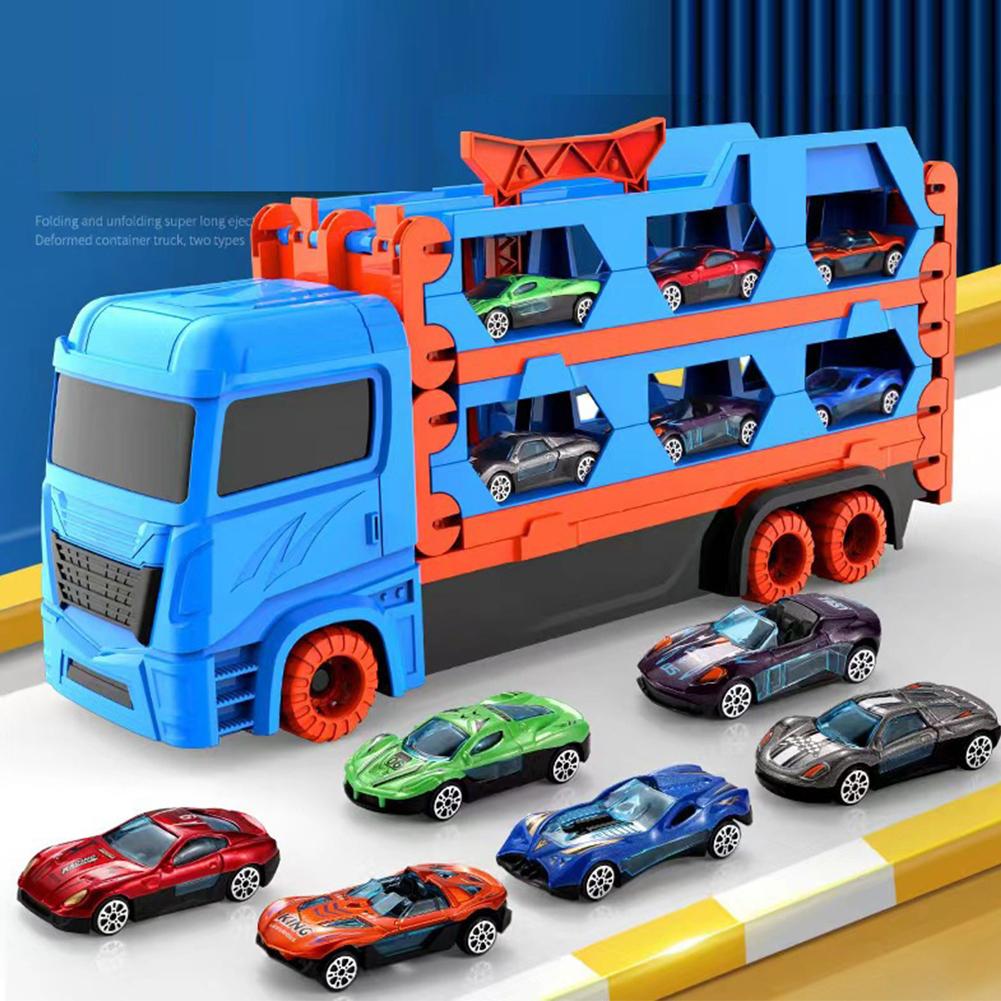 Car Transporter Truck Toys Container Truck With 6pcs Alloy Pull-back Cars Model Toys For Boys Birthday Gifts