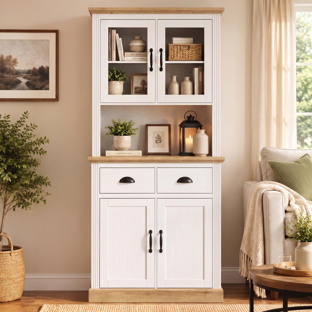 High Kitchen Sideboard, 4 Doors, 2 Glass, 2 Drawers, Worktop, Adjustable Shelves, White