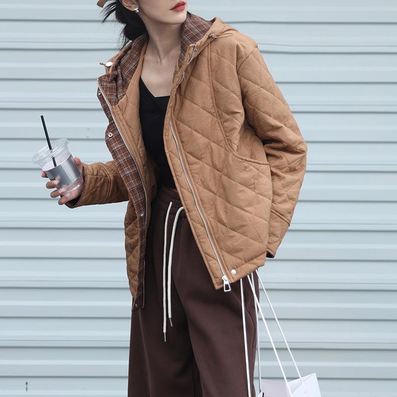 Women's 2024 Diamond Quilted Cotton Hooded Jacket - Autumn/Winter Short Fashion Plaid Patchwork Lightweight Coat
