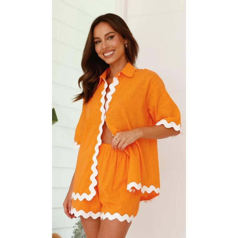 VEZFAA Damenmode Lässig Sommer Frühling Spitze Druck Kurzarm POLO-Kragen Hosenanzüge