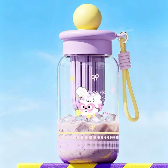 500ML Large Capacity Cartoon Water Bottle with Straw Heat-Resistant Leakproof Transparent