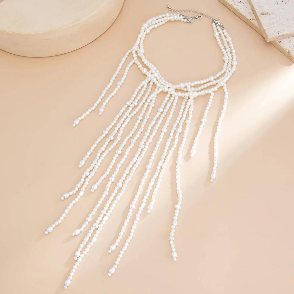 IngeSight.Z Trendy Exaggeration White Imitation Pearl Tassel Beaded Necklace Women Exquisite Sweater Chain Jewelry Accessories