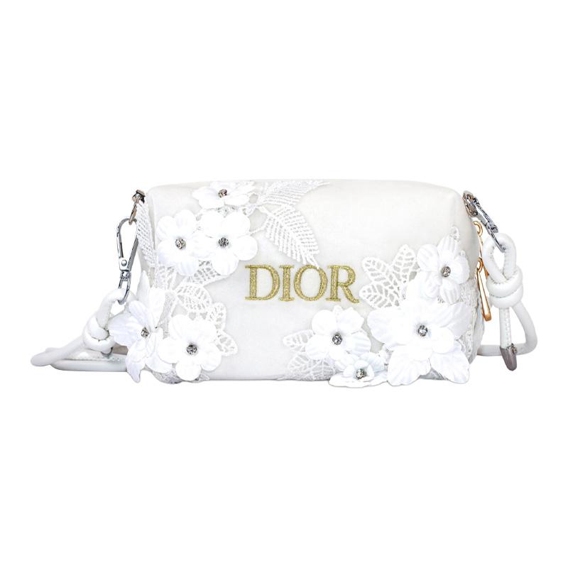 DIOR [Customized Cosmetic Bag] Canvas Silk Diffuse Elegant Three-dimensional Flower Romantic Hepburn Style Velvet Storage Portable Crossbody Bag белый