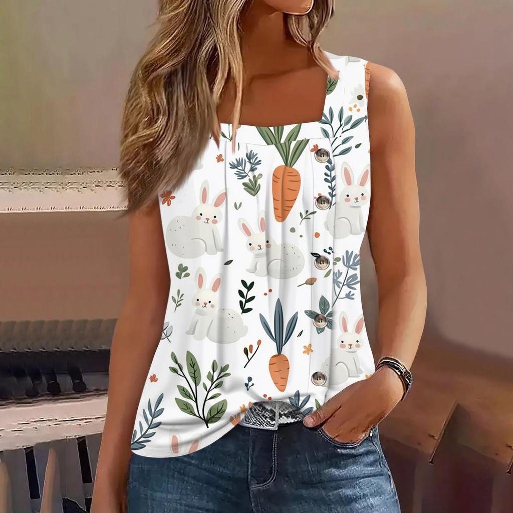 Women's Fashion Casual Basic Pleated Plain Button Square Collar Sleeveless Vest Print Summer Tank Tops