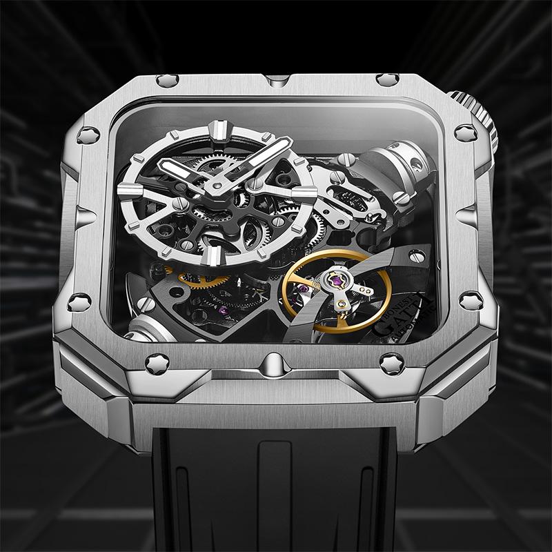 BONEST GATTI Original Skeleton Design Square Mechanical Watch Sapphire Crystal Luminous Rubber Strap Men's High-End Watches