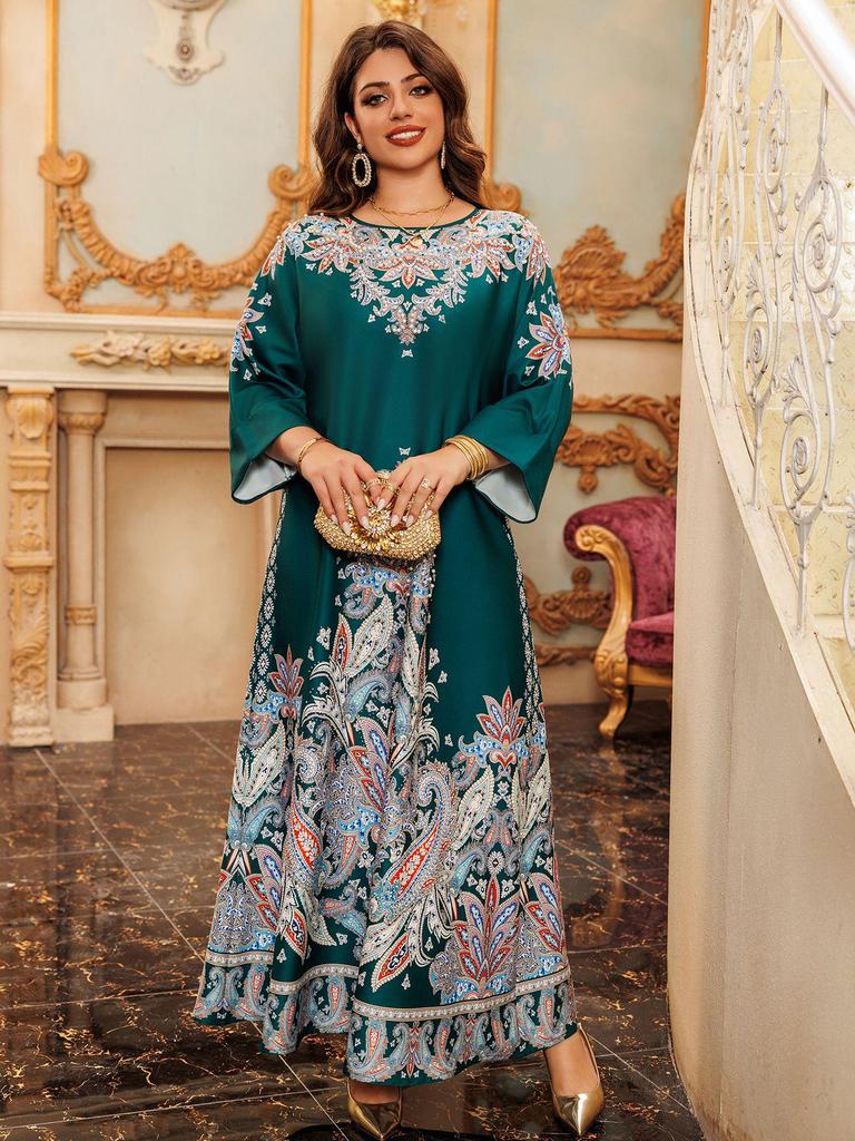 AB400 Muslim Fashion Floral Dress with Hot Drill Embellishments - Middle Eastern Style Robe for Women