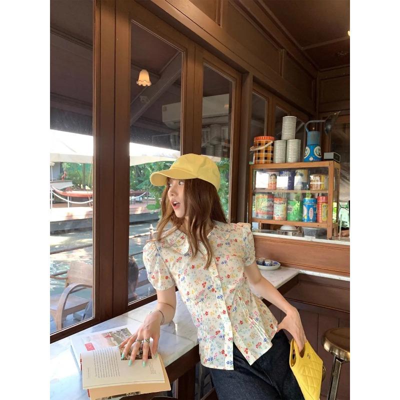 Womens Casual Floral Print V Neck Puff Sleeve Ruched Waist Blouse S бежевый