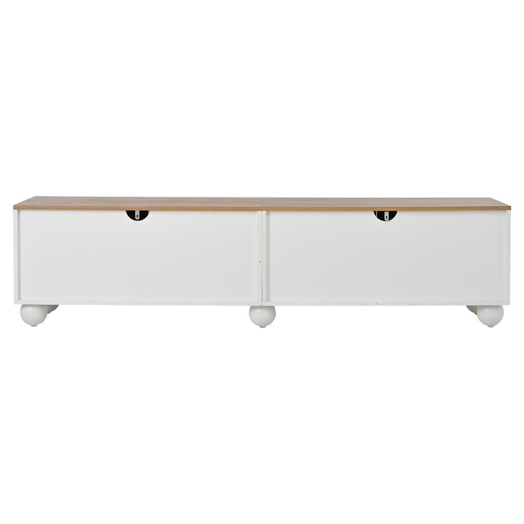 180*40*45cm TV Cabinet with 4 Cabinets, TV Cabinet with 6 Ball-Foot Metal Legs, Suitable for TVs around 80 Inches, Wood Color+White