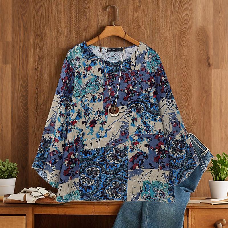 

ZANZEA Женская повседневная блузка из хлопка с круглым вырезом и длинным рукавом 3XL синий