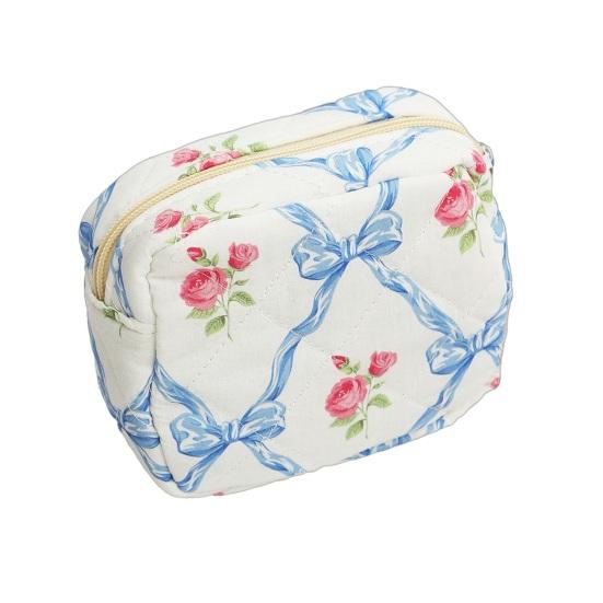 Girls Quilted Cosmetic Bag Soft Pouch Elegant Bow Floral Makeup Knot And Flower Travel Cosmetic Organizer синий