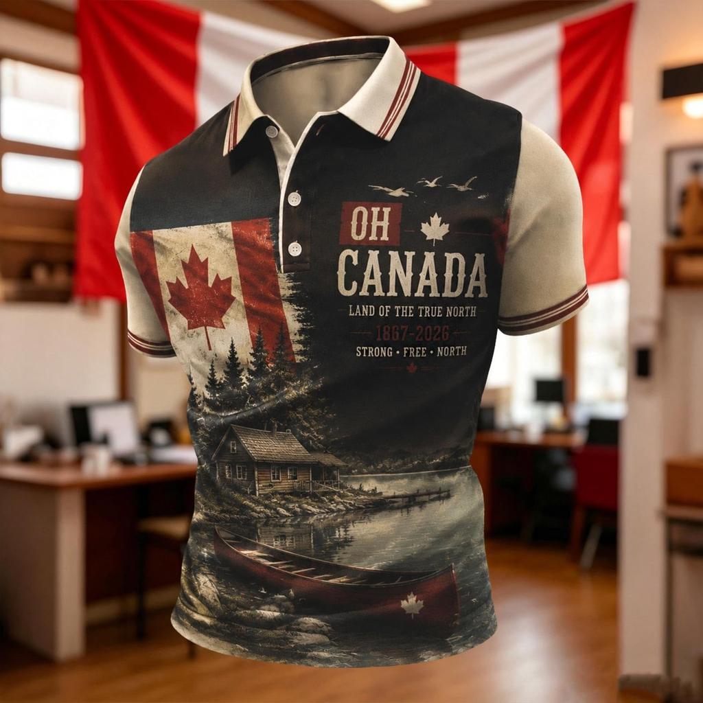 Men's Soccer Fan Polo Shirt Canada Themed Short Sleeve Breathable Mesh Fabric Lightweight Comfortable Fit Collar Buttoned Front