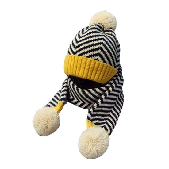 2Pcs/Set Kids Autumn Winter Hat Scarf Set Plush Ball Decor Striped Print Brimless Hat Knitting Scarf Set