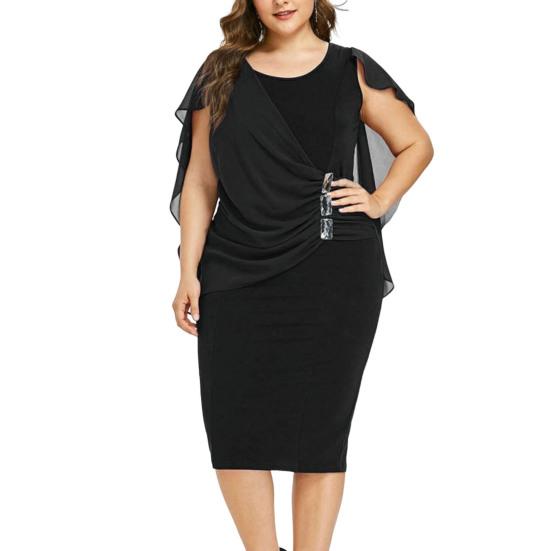 O-Neck Short Sleeve Chiffon Shawl Pleated Decor Women Dress Solid Color Plus