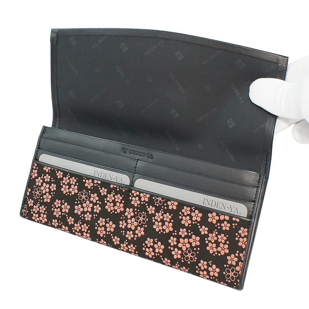 Inden Long Black with Pink [Inden-ya] Wallet, Thin, Deerskin, Lacquer, Forget-Me-Not Pattern, 2311-51-181