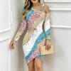 Women Plus Size Asymmetric Cold Shoulder Long Sleeve Purple Gold Agate Print Irregular Wrap Bodycon Midi Dress